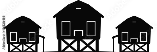 Simple stilt houses silhouettes, flat vector illustration, rural village architecture, traditional wooden homes elevated design isolated on white background concept