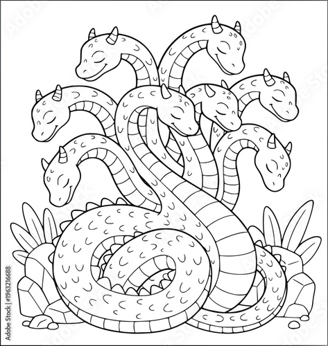 Coloring book page with a cute multi headed hydra sleeping in a garden