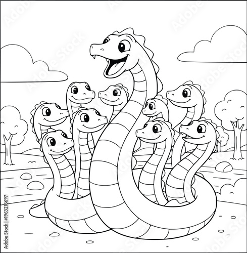 Coloring book page featuring a cute nine headed hydra in a nature landscape