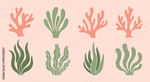 Coral reef seaweed and coral formations flat design elements