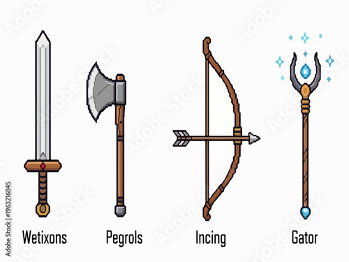 Pixel art fantasy weapon set with sword, axe, bow, and magic staff. Retro gaming RPG equipment icons. Medieval combat gear vector collection. isolated PNG with Transparent Background
