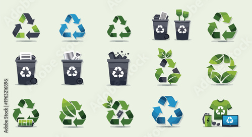 Collection of eco friendly recycling symbols and trash cans icons