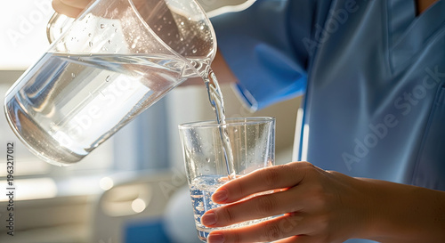 Nurse pouring water from pitcher into glass in bright hospital setting  
