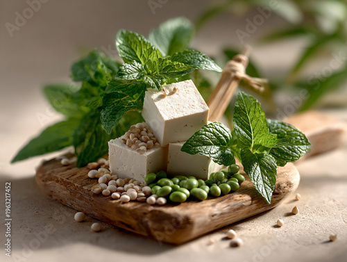 Plant based protein sources, Variety are artfully arranged on rustic wooden table creating vibrant and healthy display.