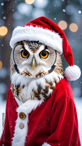 Close-up of an owl dressed in a Santa Claus suit with a snowy background