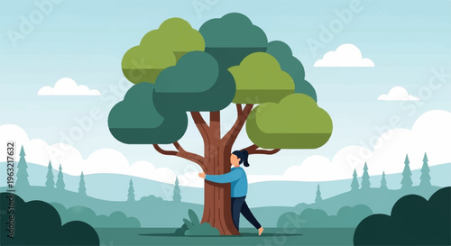 Man hugging tree trunk with arms standing in green landscape with city skyline blue sky and white clouds in background symbolizing eco friendship and environmental conservation