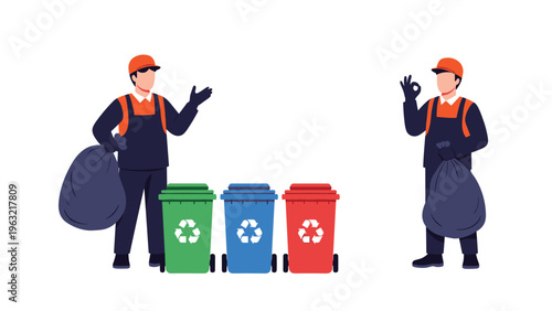 Two sanitation workers in orange and blue uniforms holding trash bags standing next to green blue and red recycling bins for sorting.