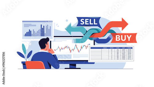 Financial investor sitting at a desk and analyzing complex stock market graphs with large arrows indicating buy and sell opportunities.