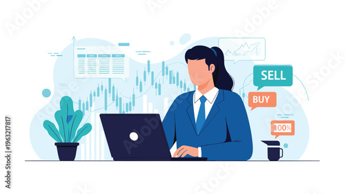 Businesswoman working on a laptop while surrounded by digital trading indicators, market charts, and buy or sell transaction bubbles.