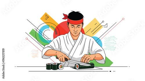 Skilled Japanese sushi chef preparing traditional maki rolls with various high-tech data and circular abstract elements behind him.