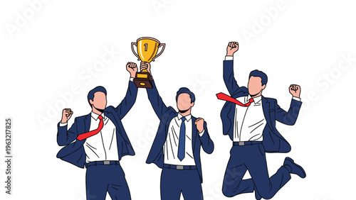 Group of three businessmen in suits celebrating a victory by jumping and holding a gold trophy for winning first place in a contest.
