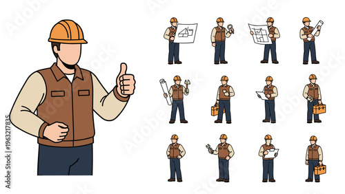Set of character illustrations featuring a construction worker in a brown vest and helmet performing various job tasks and gestures.