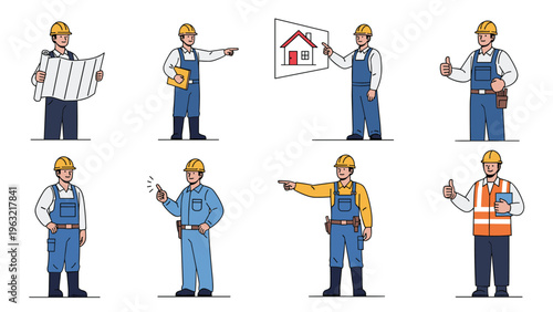 Collection of male construction workers wearing hard hats and uniforms shown in different poses including pointing and holding blueprints.