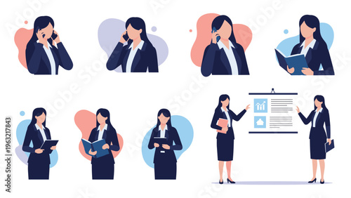 Professional businesswoman shown in several scenarios including talking on a phone, reading a book, and presenting data on a whiteboard.