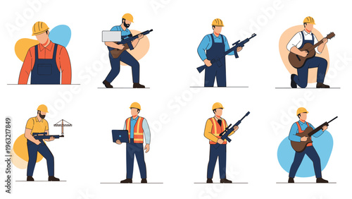 Illustrations of workers in various roles and settings including some holding tools, one playing guitar, and others in different poses.