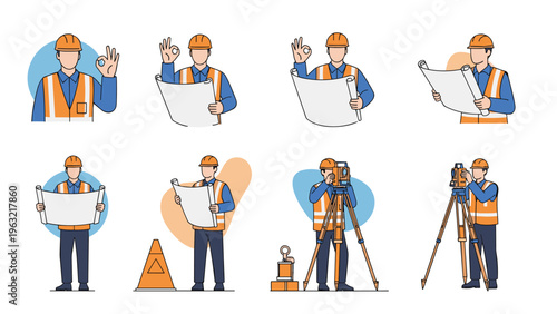 Professional surveyors in orange safety vests and helmets using a transit level and holding blueprints on a construction site.