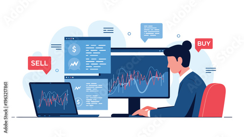 Businesswoman focused on her computer monitors while analyzing complex stock market data with buy and sell notifications for trading.