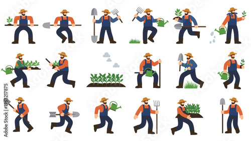 Set of flat vector illustrations featuring a male gardener in overalls and a straw hat performing various agricultural tasks.