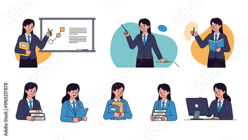 Professional woman in a blue suit shown in various poses such as presenting with a whiteboard, holding books, and working at a pc.