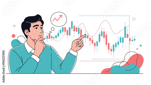 Thinking male investor or trader analyzing financial market data on a digital screen with a candlestick chart and upward arrow.
