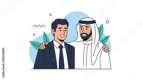 International business partnership between a Western professional and an Arab businessman showing mutual respect and friendship.