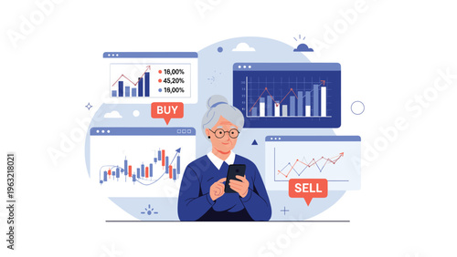 Tech-savvy senior woman using her smartphone to monitor and manage stock market investments with various data charts.