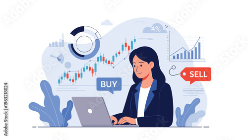 Professional businesswoman using a laptop to analyze stock market trends with buy and sell indicators on the screen.