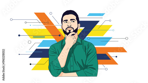 Thoughtful man with a beard in a green shirt pondering ideas against a colorful abstract geometric background.