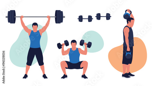 Set of male athletes performing various strength training exercises including squats, overhead presses, and kettlebell lifts.