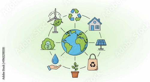 Earth surrounded by eco friendly symbols and icons of sustainability and environmental conservation