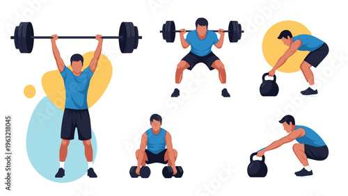Collection of fitness exercises featuring men performing barbell squats, deadlifts, and kettlebell swings for strength.