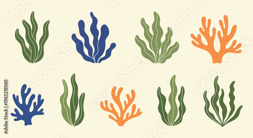 Vibrant colorful coral reef elements on beige background