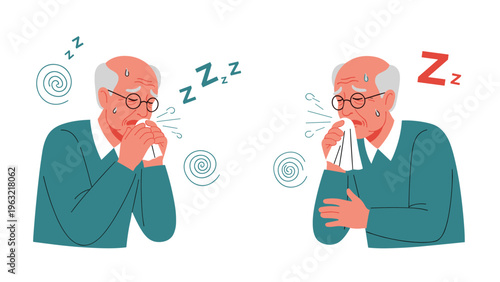 Sick elderly gentleman wearing glasses and a sweater suffering from a severe cold and sneezing into a white tissue.