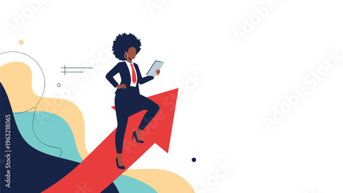 Successful Black businesswoman holding a tablet and standing confidently on a large rising red arrow symbolizing career growth.