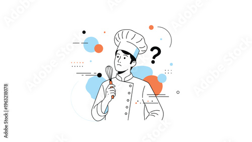 Puzzled chef in a white uniform and toque holding a whisk and thinking with a question mark floating nearby.