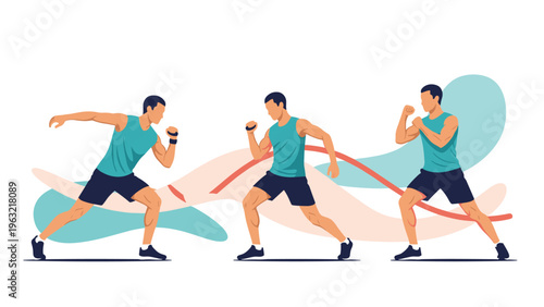 Active male athlete performing dynamic speed and agility drills in a fitness training session with abstract lines.