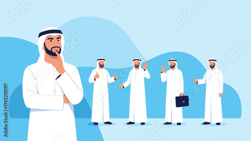 Thoughtful Arab businessman in traditional attire contemplating a decision with his professional team in the background.