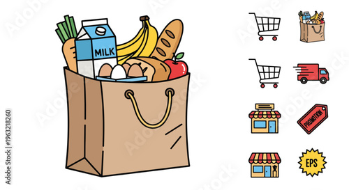 Grocery shopping bag with food items and store icons