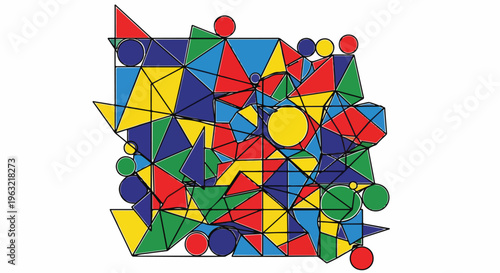 Colorful, abstract geometric composition featuring shapes and diverse primary colors