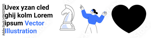 Creativity, art, chess strategy, communication, love, and graphic design. Chess knight piece, person pointing upward and a heart silhouette. Creativity and graphic design concept