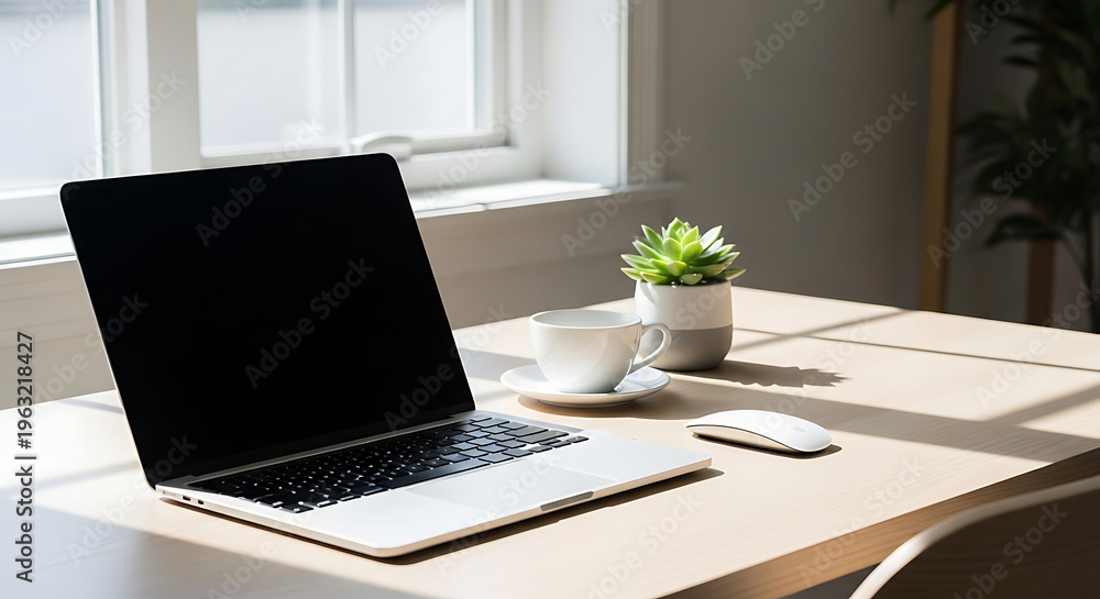 Fototapeta premium Modern home office workspace, laptop on desk, minimalist decor, natural light