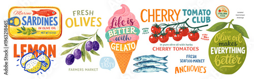 Isolated hand drawn Italian food vector set featuring olives, tomatoes, sardines, gelato and lemon. Vintage style illustrations perfect for t shirt prints, packaging, stickers and scrapbooking.