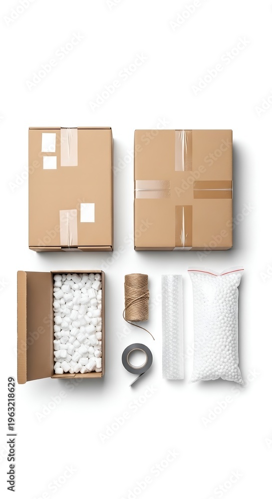 Obraz premium Flatlay Composition of Cardboard Shipping Boxes and Packing Materials on White