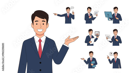 Versatile businessman in a suit shown in various poses including giving a presentation and holding professional documents.