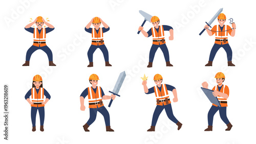 Construction workers in safety vests and hard hats depicted in various humorous fantasy poses with swords and shields.