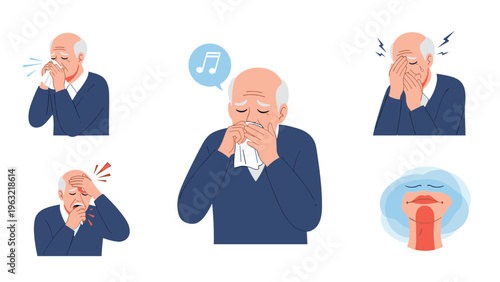 Elderly man experiencing various symptoms of illness including sneezing, coughing, severe headache, and sore throat on white background.