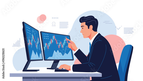 Professional stock trader analyzing market data and candlestick charts on multiple computer monitors in a modern office setting.