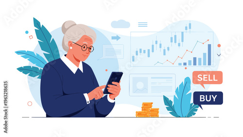 Tech-savvy senior woman using a mobile smartphone to trade stocks and manage investments with digital market charts in the background.