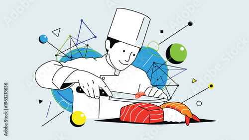 Skilled professional chef carefully slicing fresh salmon for sushi against a creative abstract background with geometric elements.
