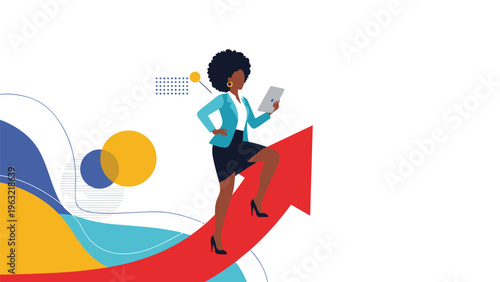 Confident African American businesswoman carrying a tablet while walking up a rising red arrow symbolizing career growth and success.